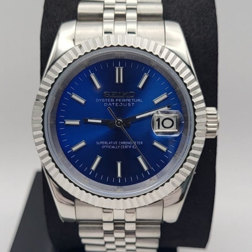 New 39mm SeikoMod Automatic Watch Sunburst Blue Dial